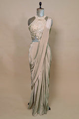 Grey Crepe Silk Pre Draped Saree with Sequin Beaded Halter Neck Blouse