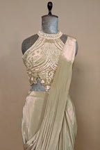 Grey Crepe Silk Pre Draped Saree with Sequin Beaded Halter Neck Blouse