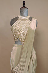 Grey Crepe Silk Pre Draped Saree with Sequin Beaded Halter Neck Blouse
