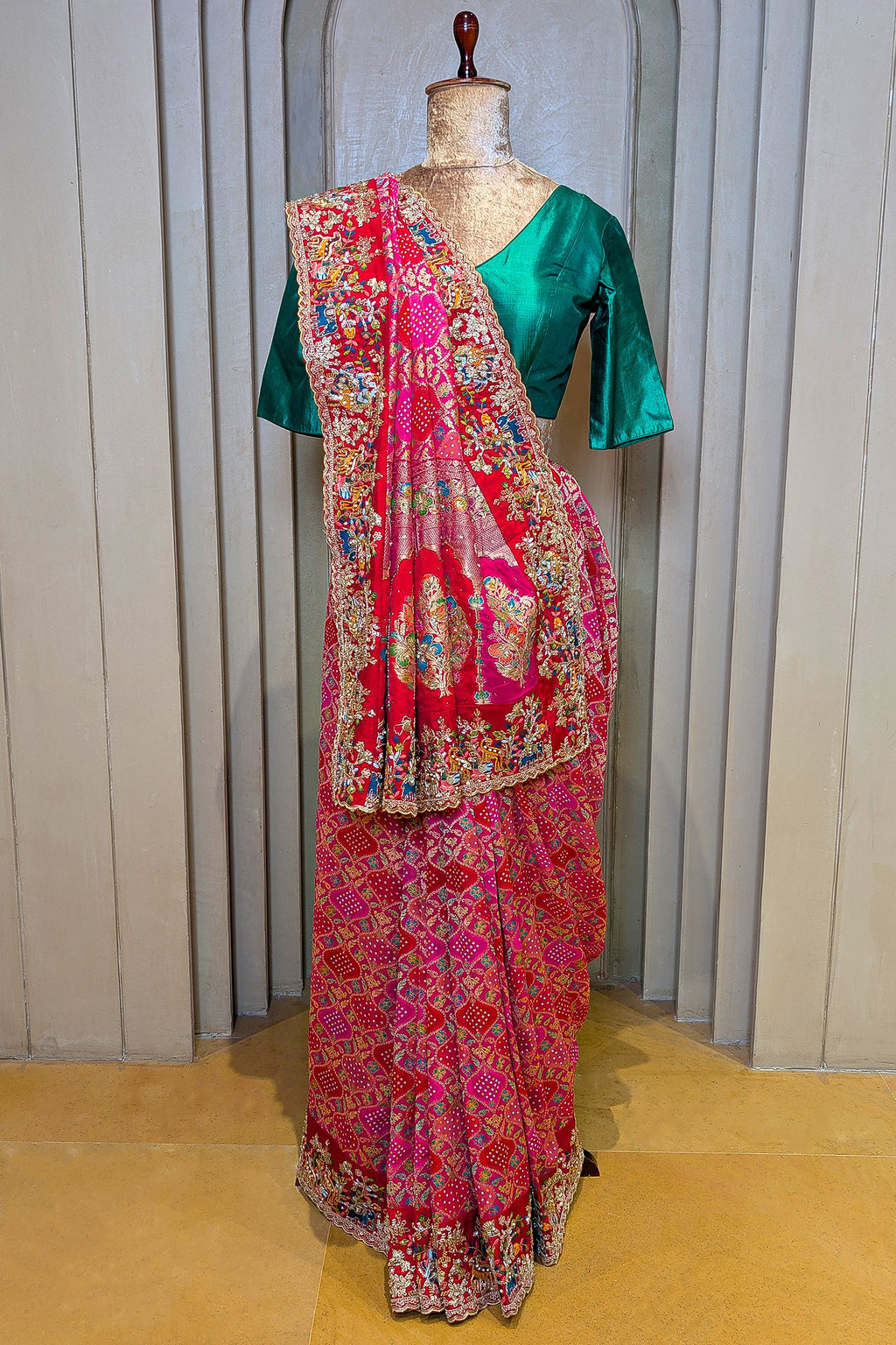 Pink Georgette Bandhej Saree with Handwork Embroidered Pallu