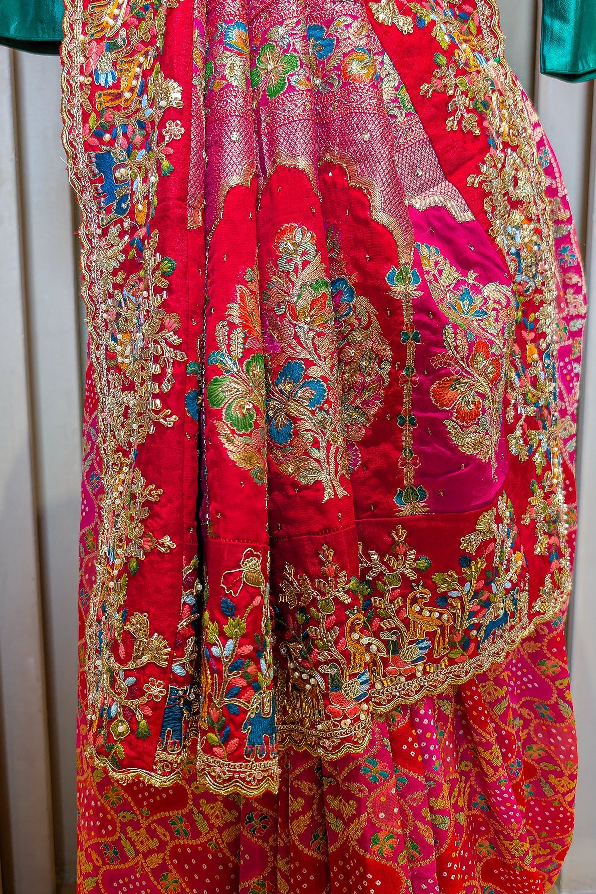 Pink Georgette Bandhej Saree with Handwork Embroidered Pallu