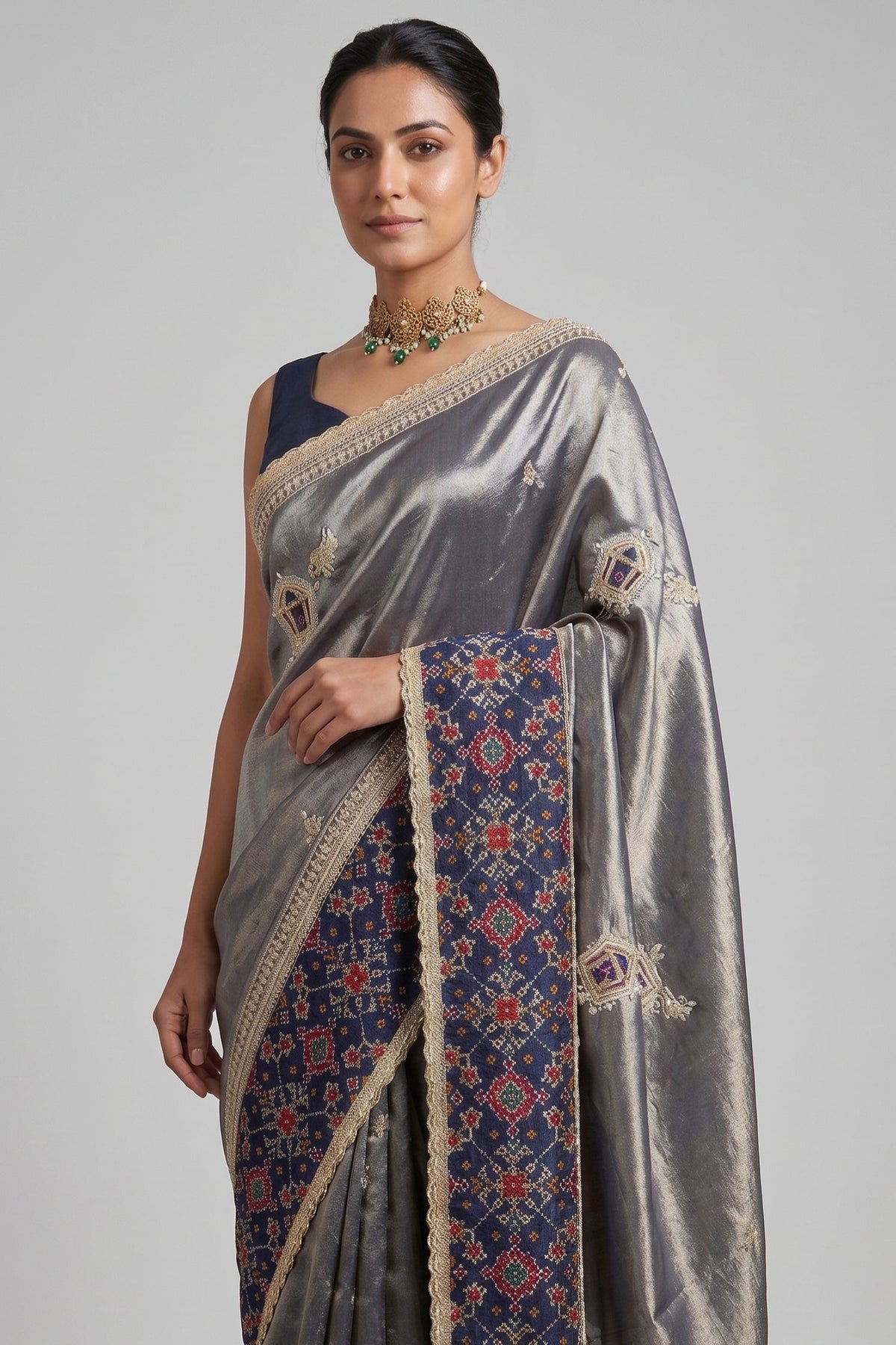 Blue Tissue Patch Worked Saree with Patola Border