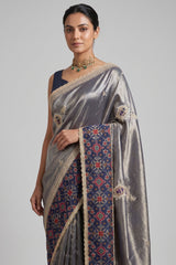 Blue Tissue Patch Worked Saree with Patola Border