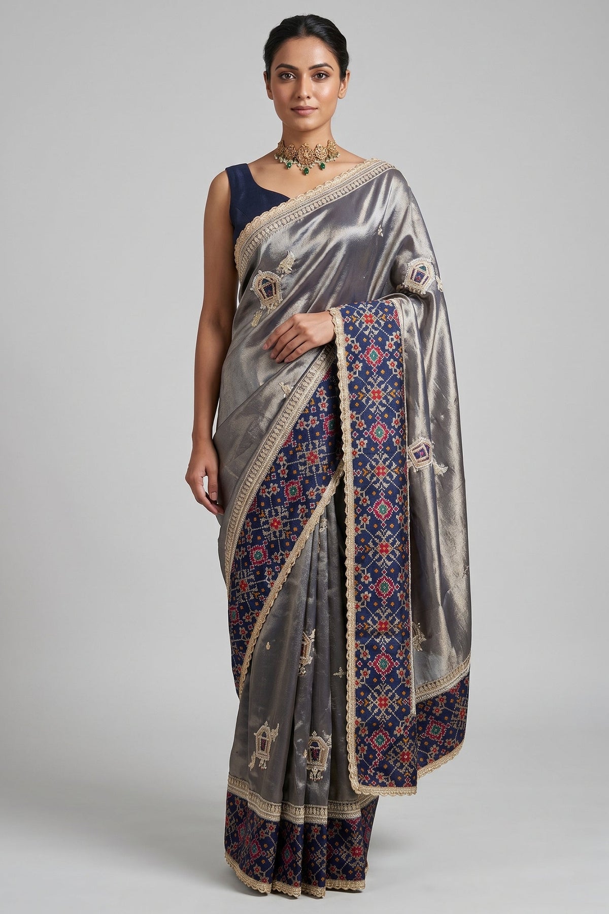 Blue Tissue Patch Worked Saree with Patola Border