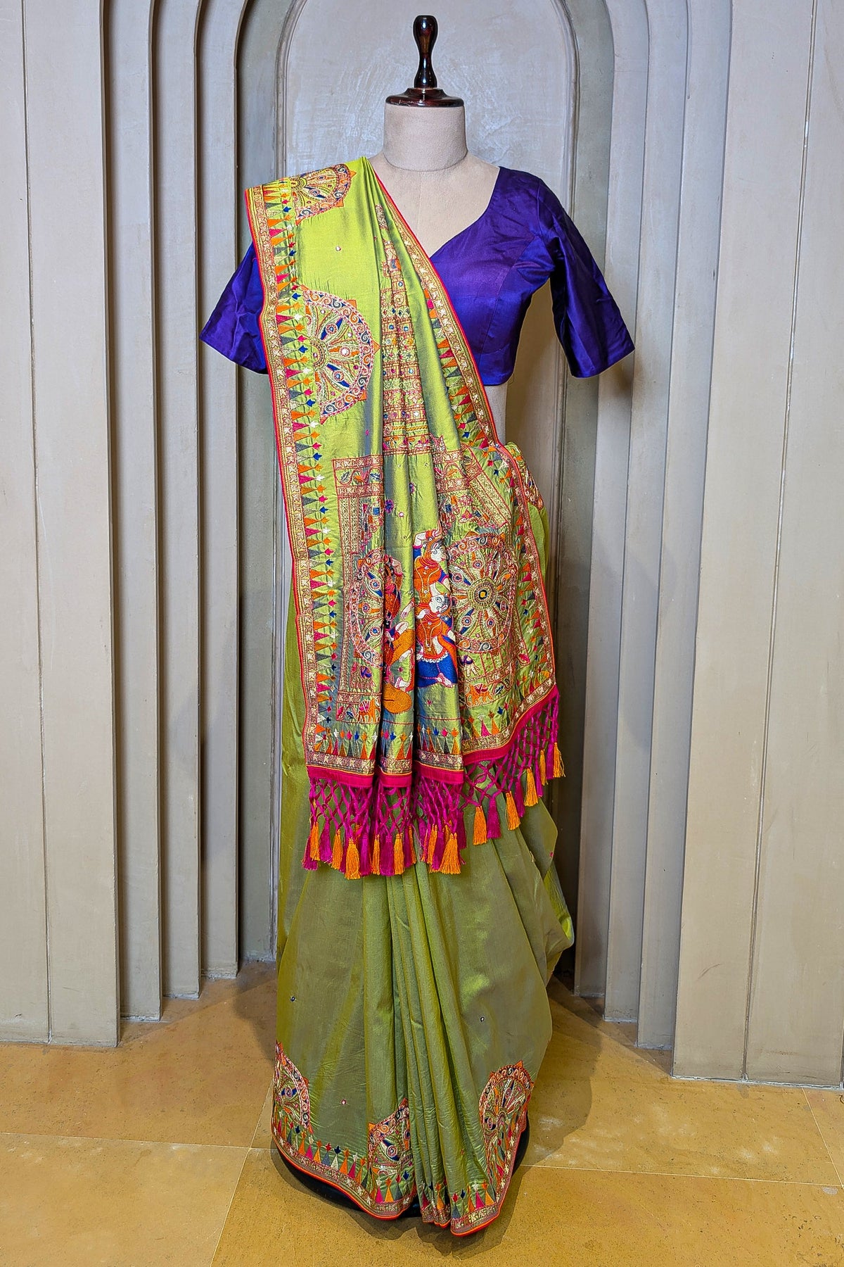 Parrot Green Silk Thread Embroidered Saree