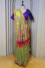 Parrot Green Silk Thread Embroidered Saree