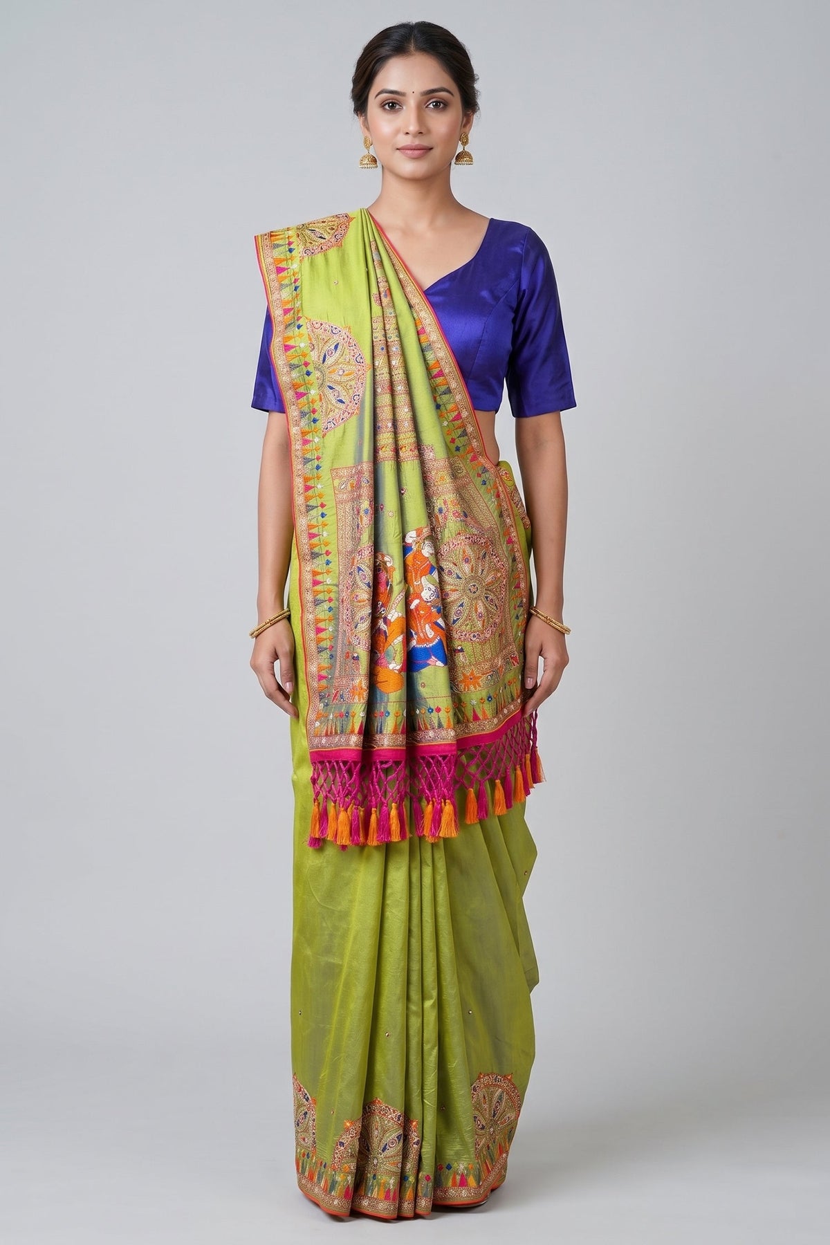 Parrot Green Silk Thread Embroidered Saree