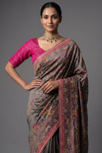 Grey Silk Thread Embroidered Saree