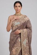Muave Tissue Floral Woven Saree with Handwork Paisaley Motif Border