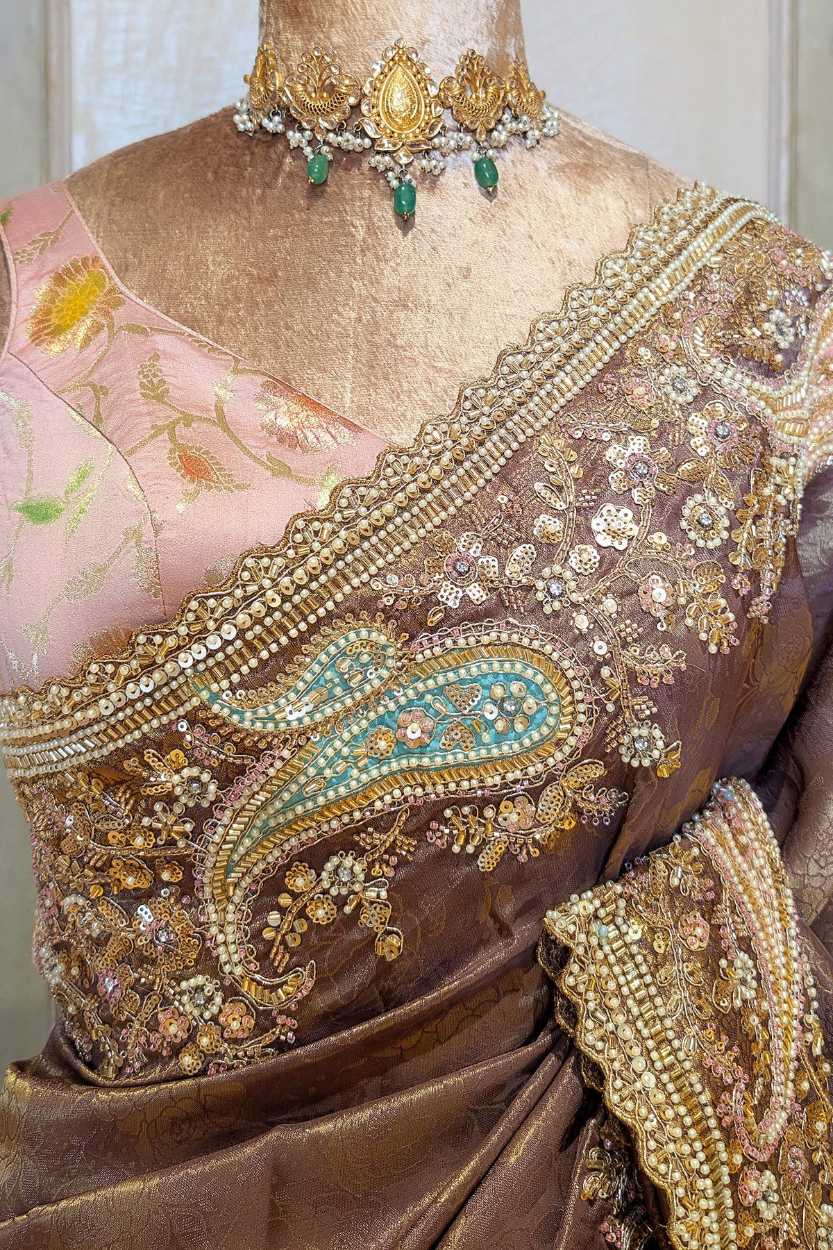 Muave Tissue Floral Woven Saree with Handwork Paisaley Motif Border