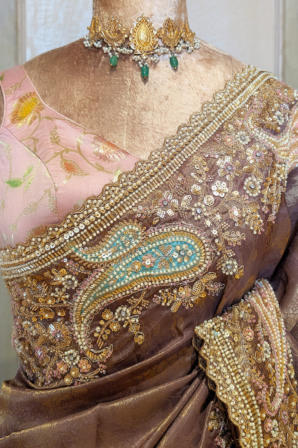 Muave Tissue Floral Woven Saree with Handwork Paisaley Motif Border