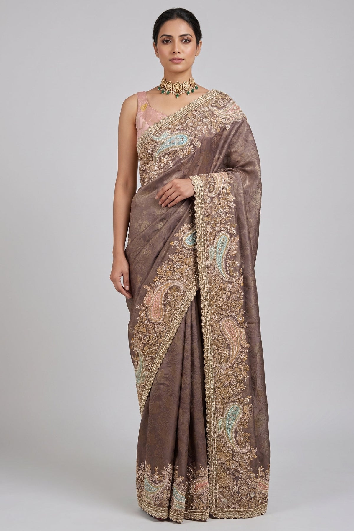 Muave Tissue Floral Woven Saree with Handwork Paisaley Motif Border