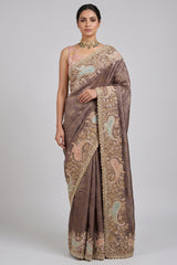 Muave Tissue Floral Woven Saree with Handwork Paisaley Motif Border