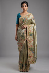 Mint Green Tissue Woven Saree with Handwork Peacock Motif Border
