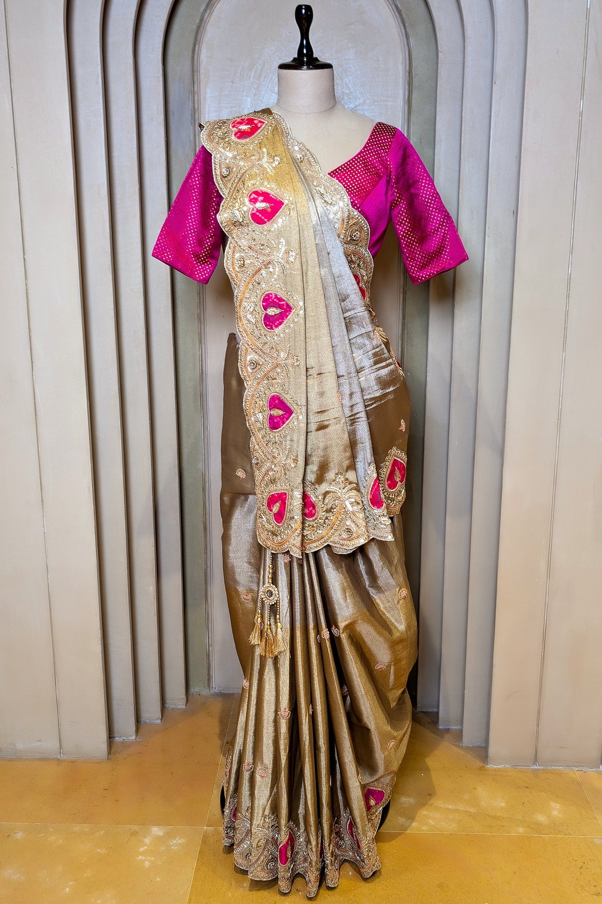 Golden and Silver Tissue Saree with Patola Patch Handwork Scallop Border