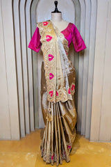 Golden and Silver Tissue Saree with Patola Patch Handwork Scallop Border