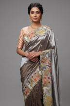 Grey Tissue Saree with Handwork Patch Border