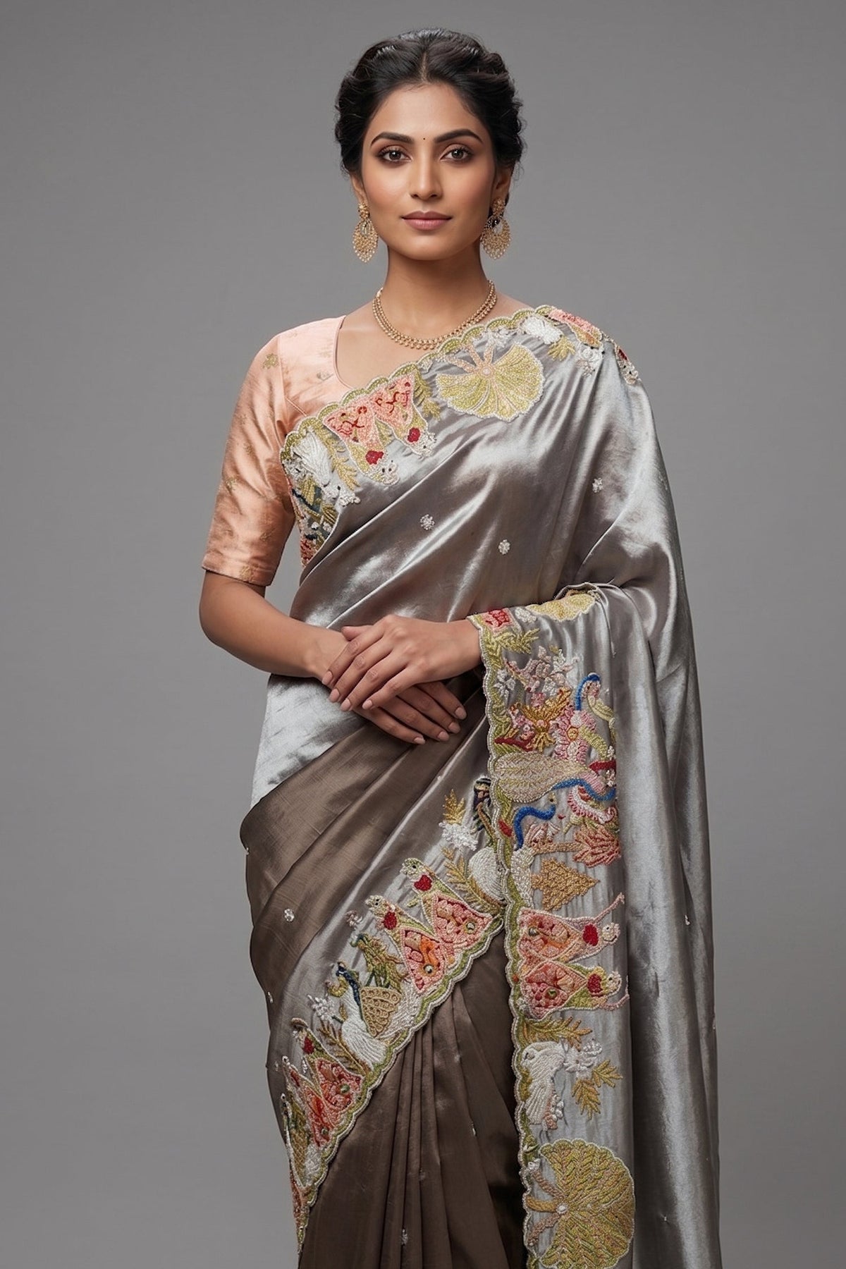 Grey Tissue Saree with Handwork Patch Border