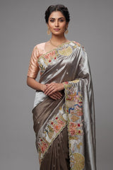 Grey Tissue Saree with Handwork Patch Border