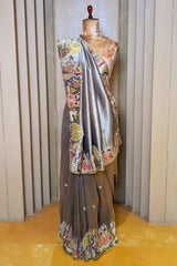 Grey Tissue Saree with Handwork Patch Border