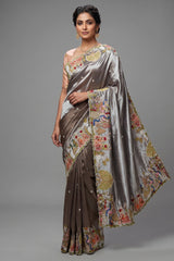 Grey Tissue Saree with Handwork Patch Border