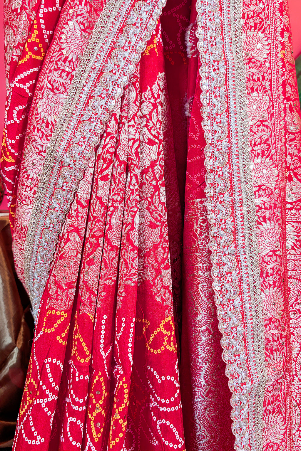 Red Art Silk Bandhani Saree with Banarasi Jacquard Weaving & Embroidered Cutdana Border