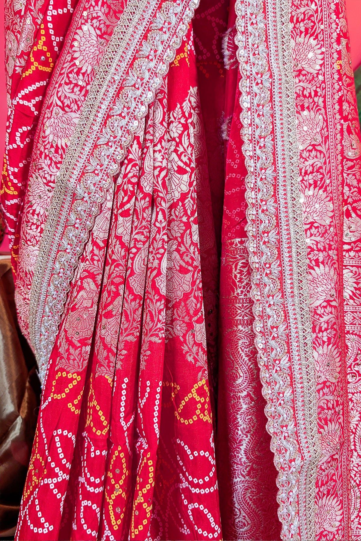 Red Art Silk Bandhani Saree with Banarasi Jacquard Weaving & Embroidered Cutdana Border