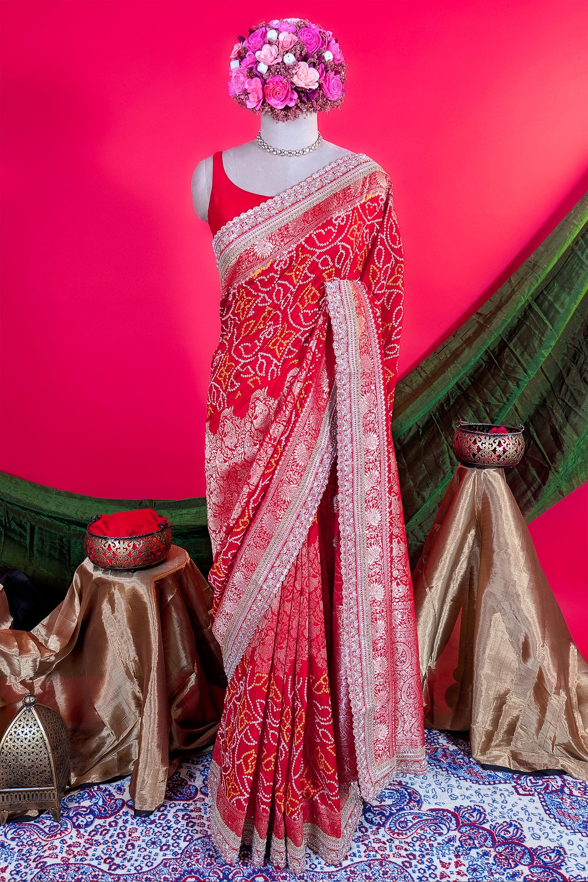 Red Art Silk Bandhani Saree with Banarasi Jacquard Weaving & Embroidered Cutdana Border