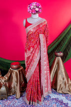 Red Art Silk Bandhani Saree with Banarasi Jacquard Weaving & Embroidered Cutdana Border