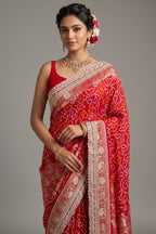 Red Art Silk Bandhani Saree with Banarasi Jacquard Weaving & Embroidered Cutdana Border