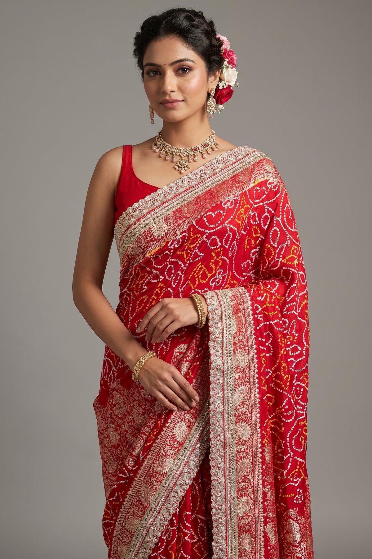 Red Art Silk Bandhani Saree with Banarasi Jacquard Weaving & Embroidered Cutdana Border