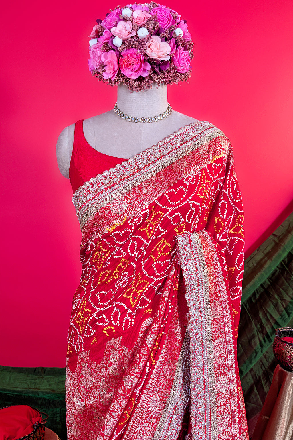 Red Art Silk Bandhani Saree with Banarasi Jacquard Weaving & Embroidered Cutdana Border