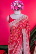 Red Art Silk Bandhani Saree with Banarasi Jacquard Weaving & Embroidered Cutdana Border
