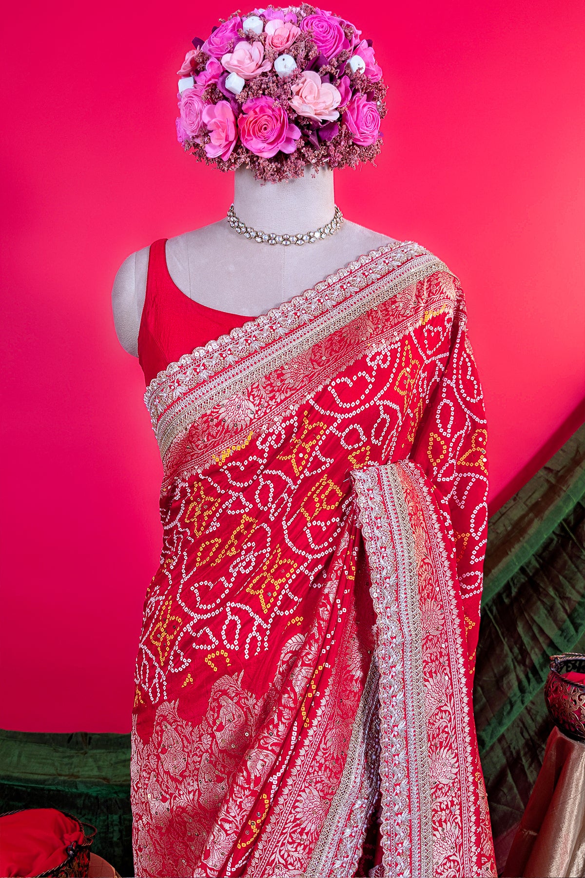 Red Art Silk Bandhani Saree with Banarasi Jacquard Weaving & Embroidered Cutdana Border