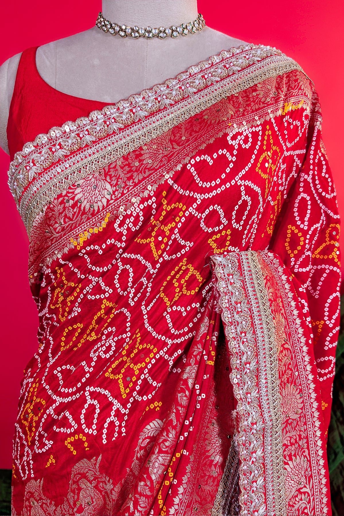Red Art Silk Bandhani Saree with Banarasi Jacquard Weaving & Embroidered Cutdana Border