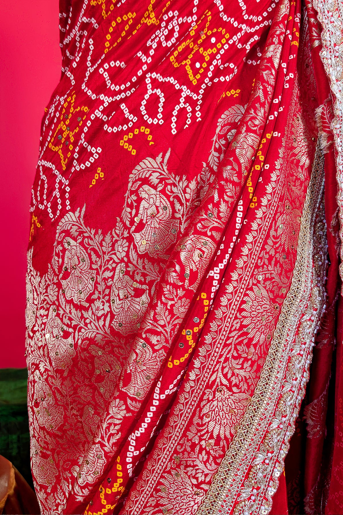 Red Art Silk Bandhani Saree with Banarasi Jacquard Weaving & Embroidered Cutdana Border