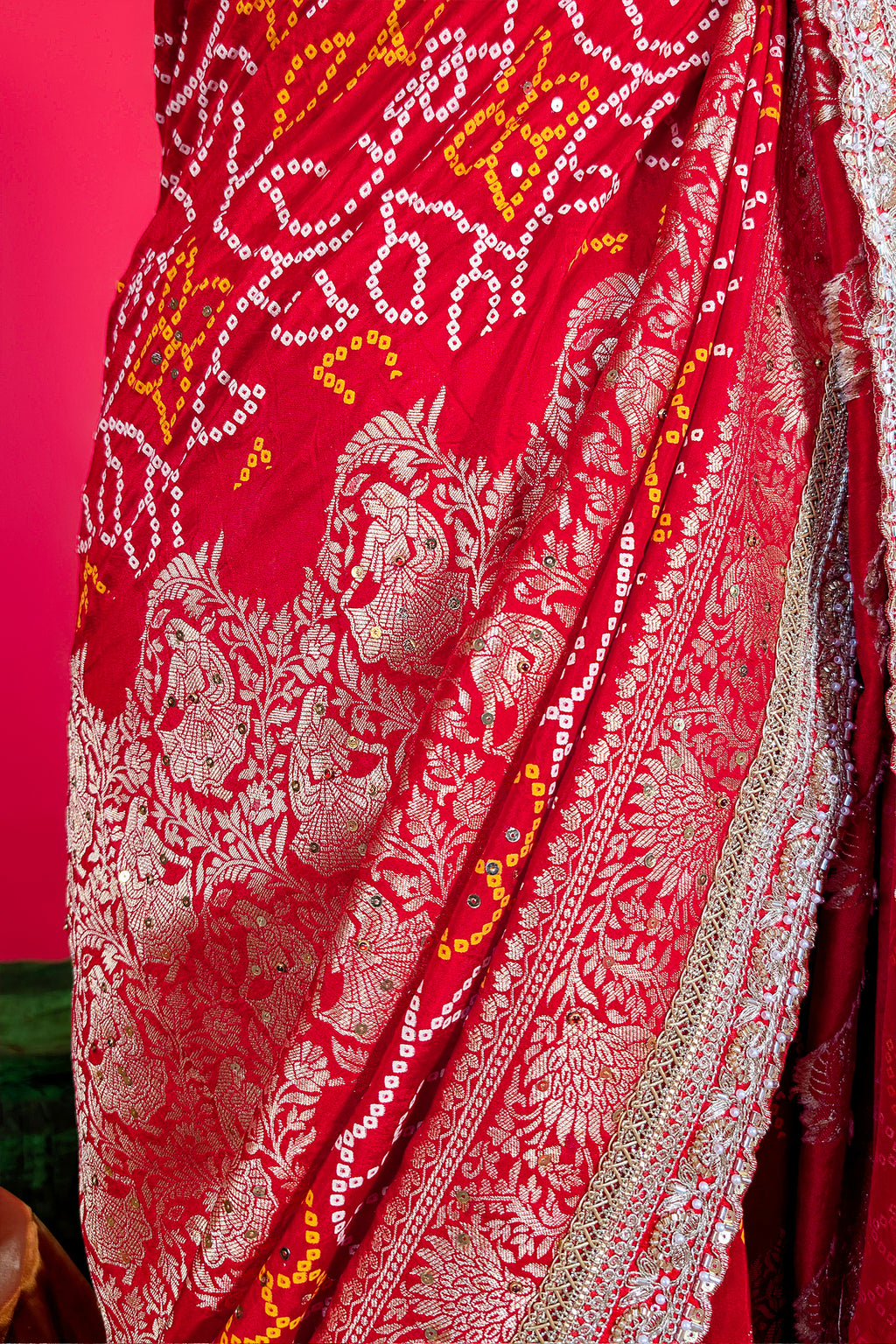 Red Art Silk Bandhani Saree with Banarasi Jacquard Weaving & Embroidered Cutdana Border