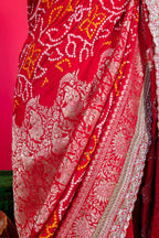 Red Art Silk Bandhani Saree with Banarasi Jacquard Weaving & Embroidered Cutdana Border
