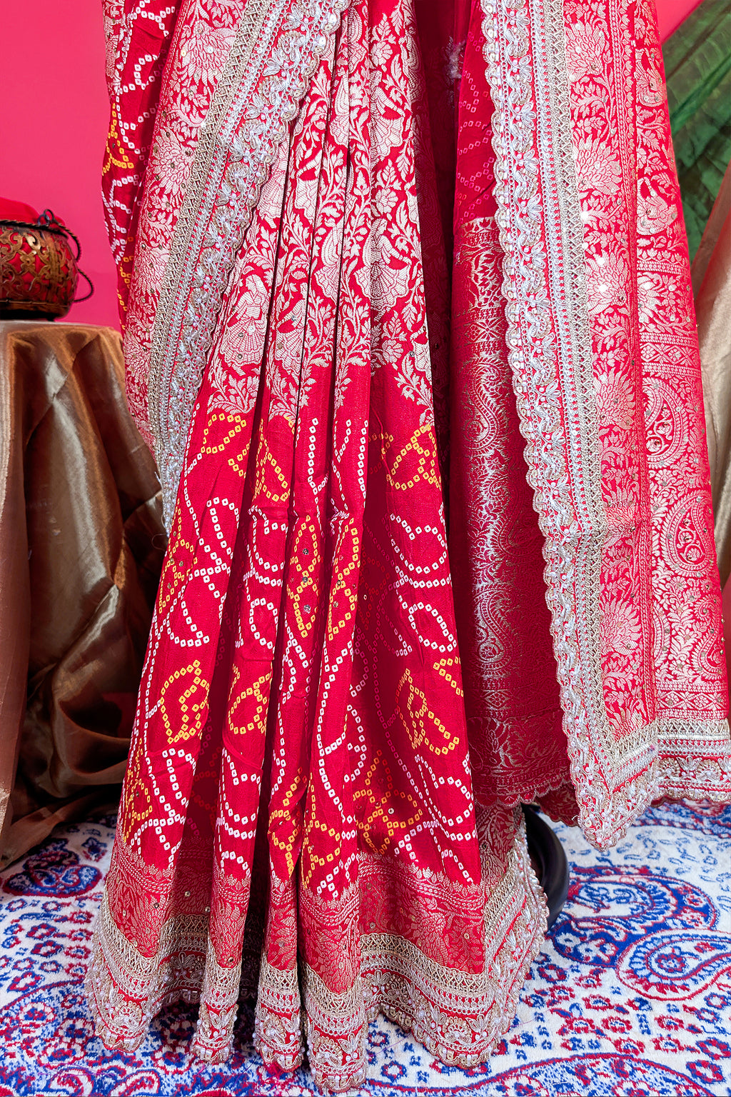 Red Art Silk Bandhani Saree with Banarasi Jacquard Weaving & Embroidered Cutdana Border
