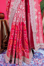 Red Art Silk Bandhani Saree with Banarasi Jacquard Weaving & Embroidered Cutdana Border