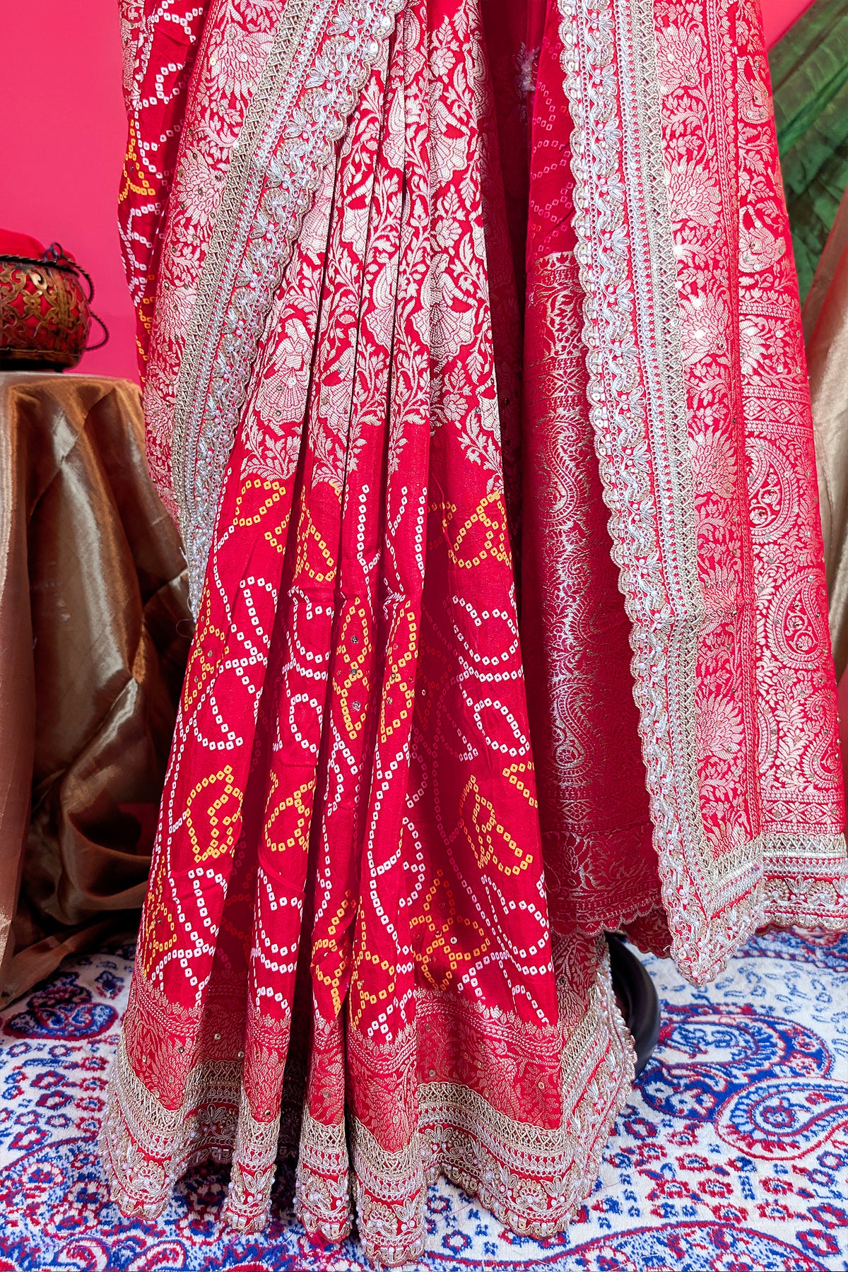 Red Art Silk Bandhani Saree with Banarasi Jacquard Weaving & Embroidered Cutdana Border