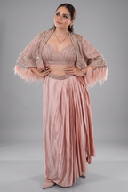 Light Pink Net Handworked Sequin Cutdana Crop Top with Pleated Drape Skirt and Fringe Tassel Cape Jacket