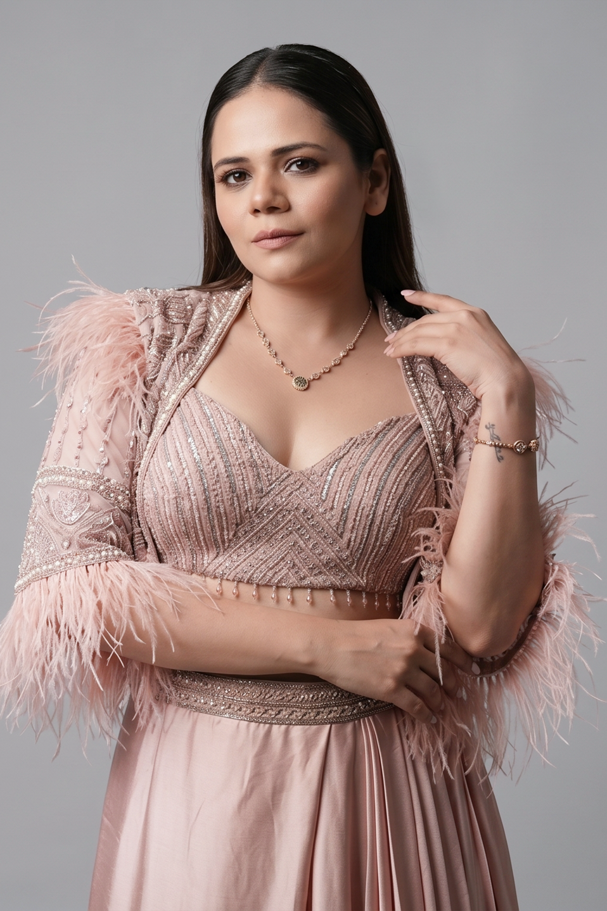 Light Pink Net Handworked Sequin Cutdana Crop Top with Pleated Drape Skirt and Fringe Tassel Cape Jacket