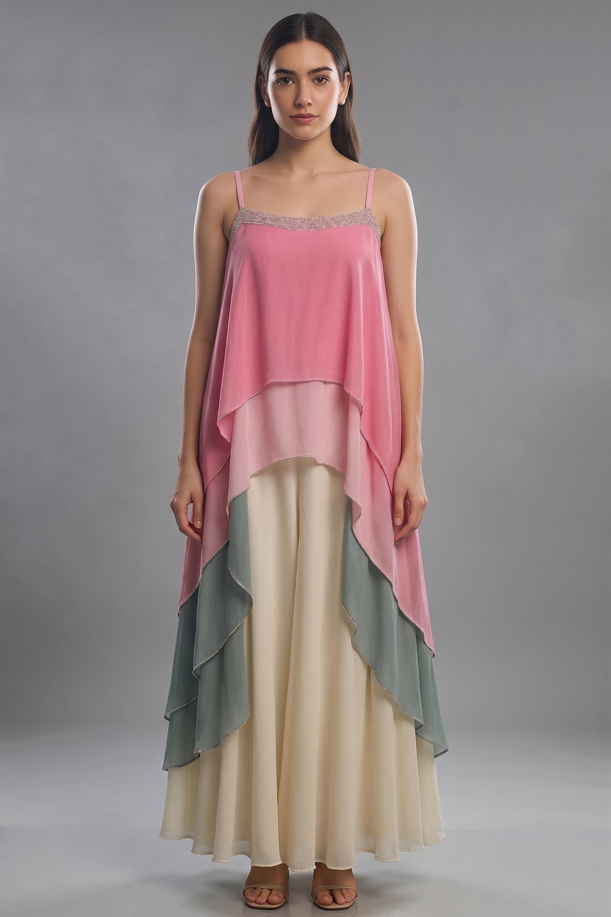 Multi Colored Georgette Square Neck High and Low Layered Asymmetric Hem Detail Co-Ord Set