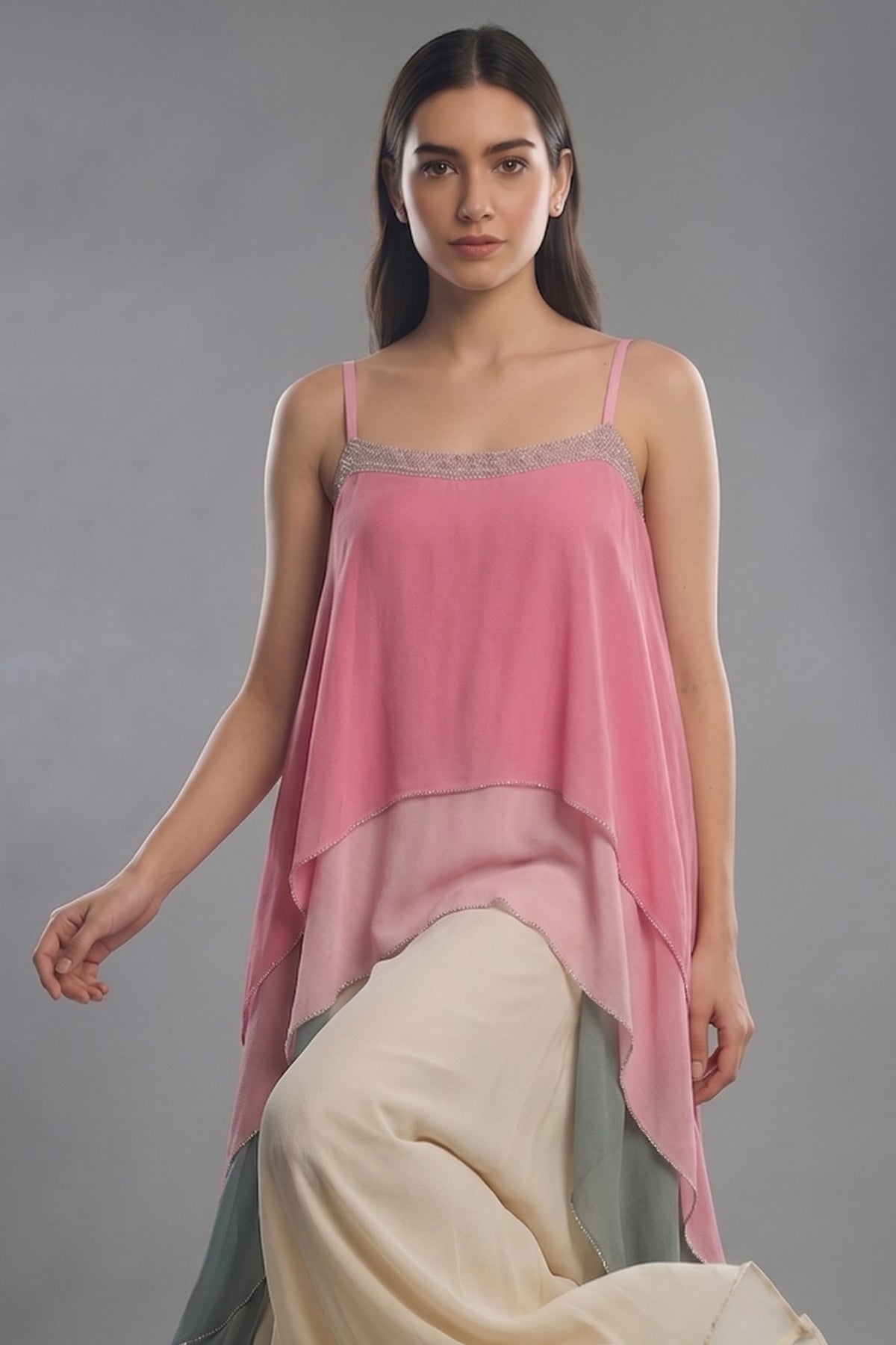 Multi Colored Georgette Square Neck High and Low Layered Asymmetric Hem Detail Co-Ord Set