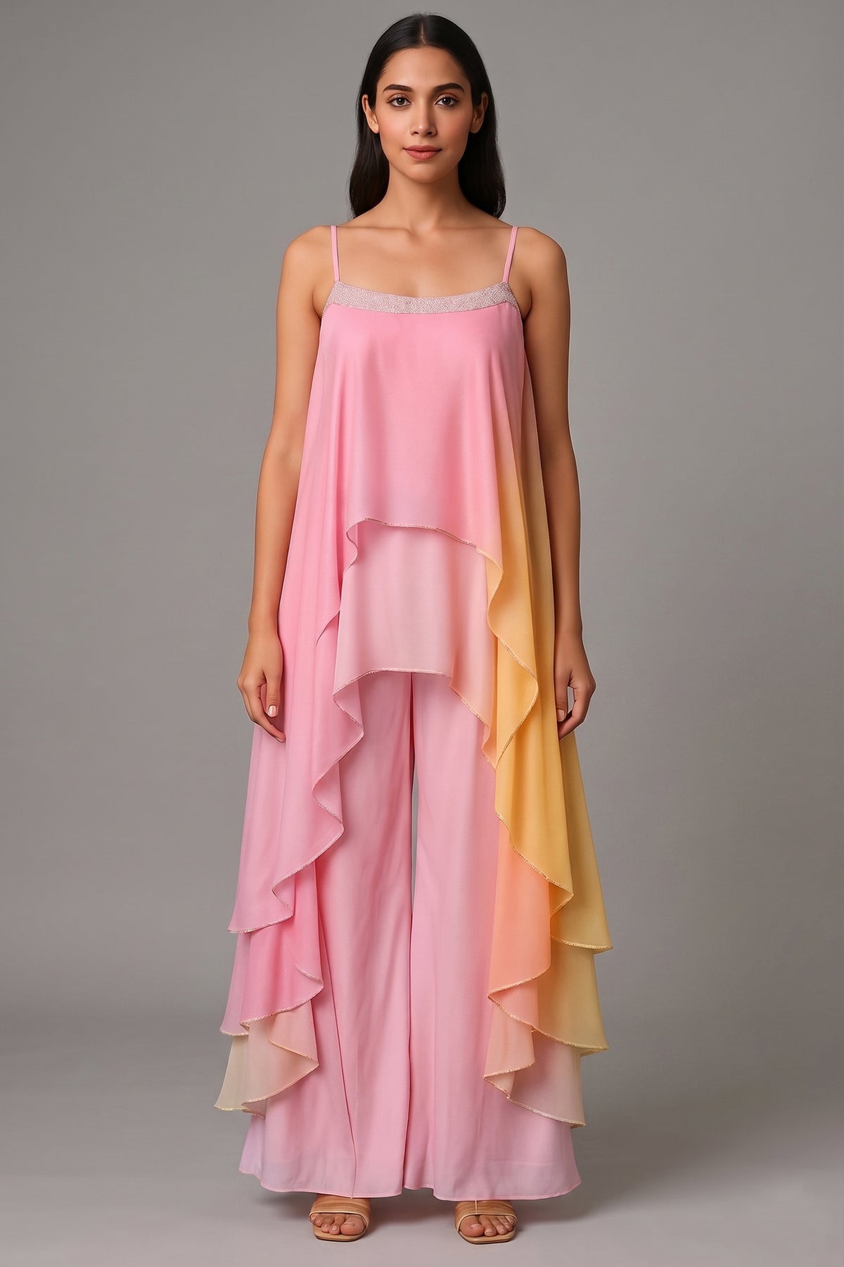 Pink Georgette Square Neck High and Low Layered Asymmetric Hem Detail Co-Ord Set