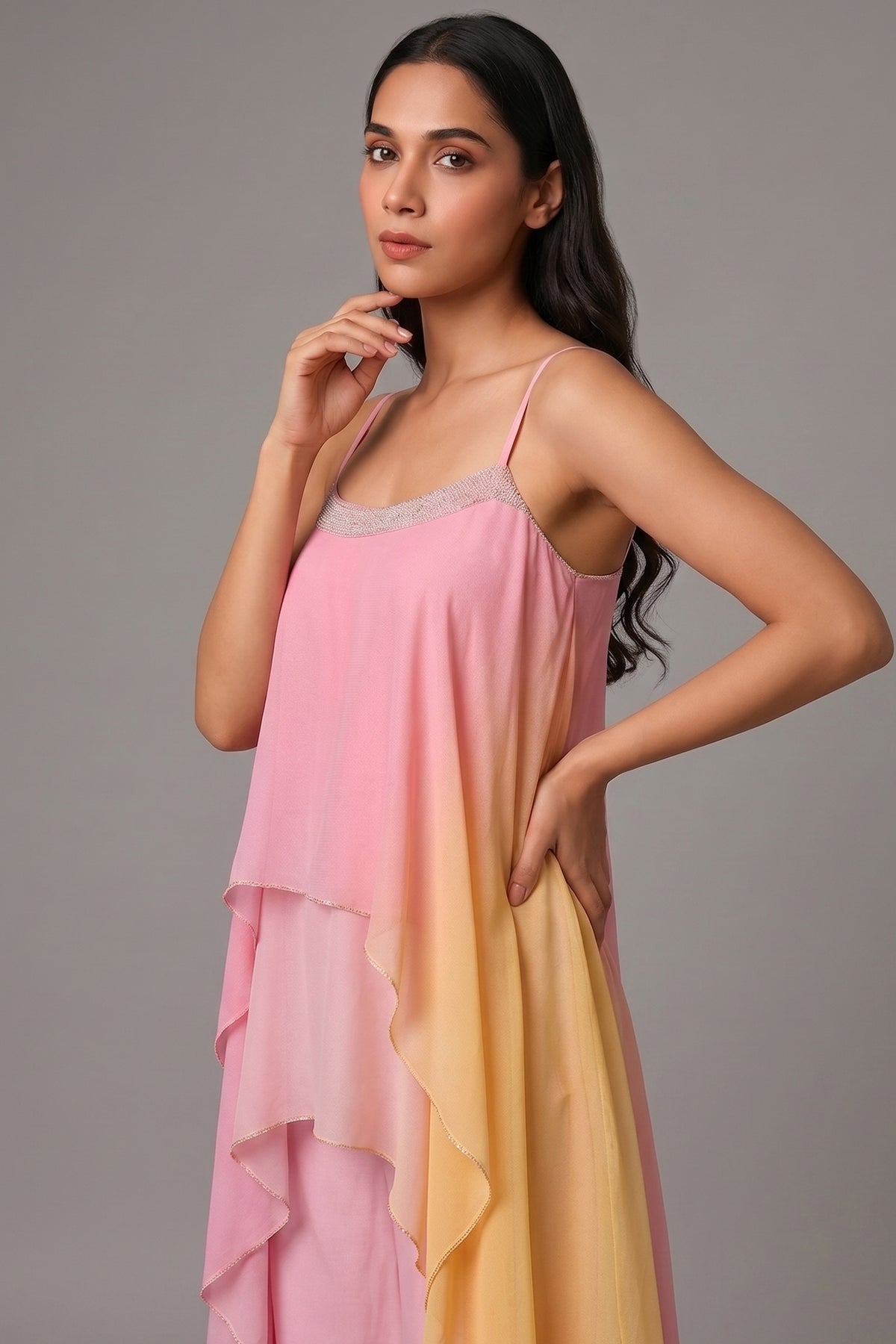 Pink Georgette Square Neck High and Low Layered Asymmetric Hem Detail Co-Ord Set