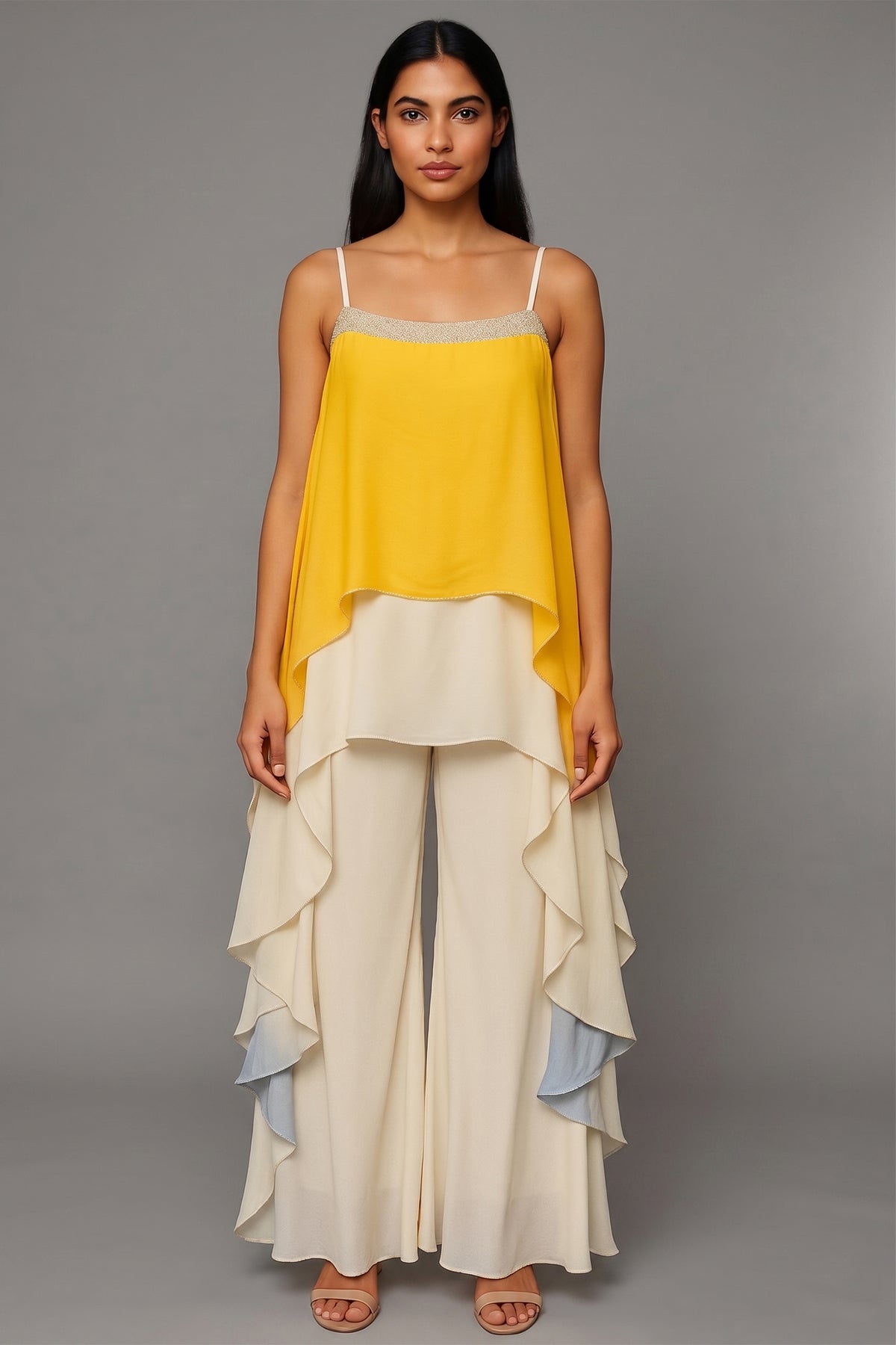 Yellow Georgette Square Neck High and Low Layered Asymmetric Hem Detail Co-Ord Set