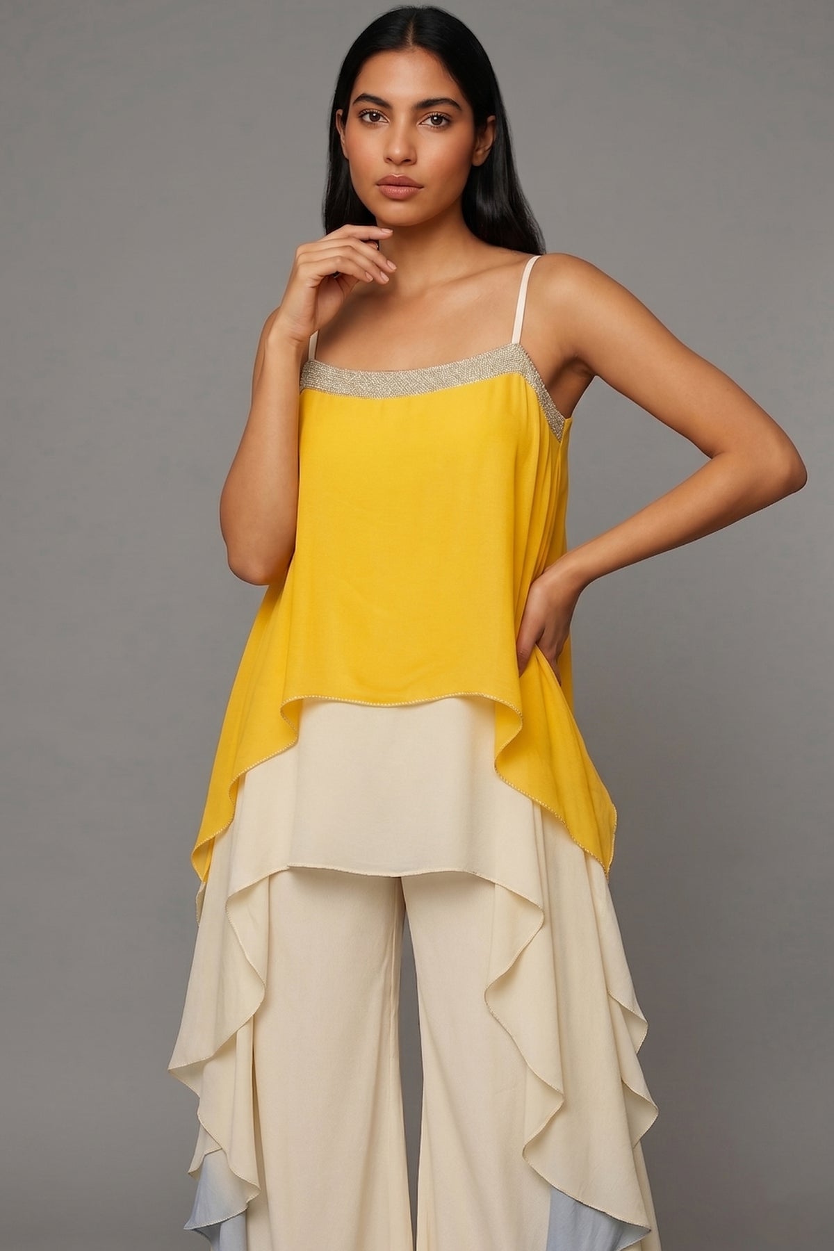 Yellow Georgette Square Neck High and Low Layered Asymmetric Hem Detail Co-Ord Set