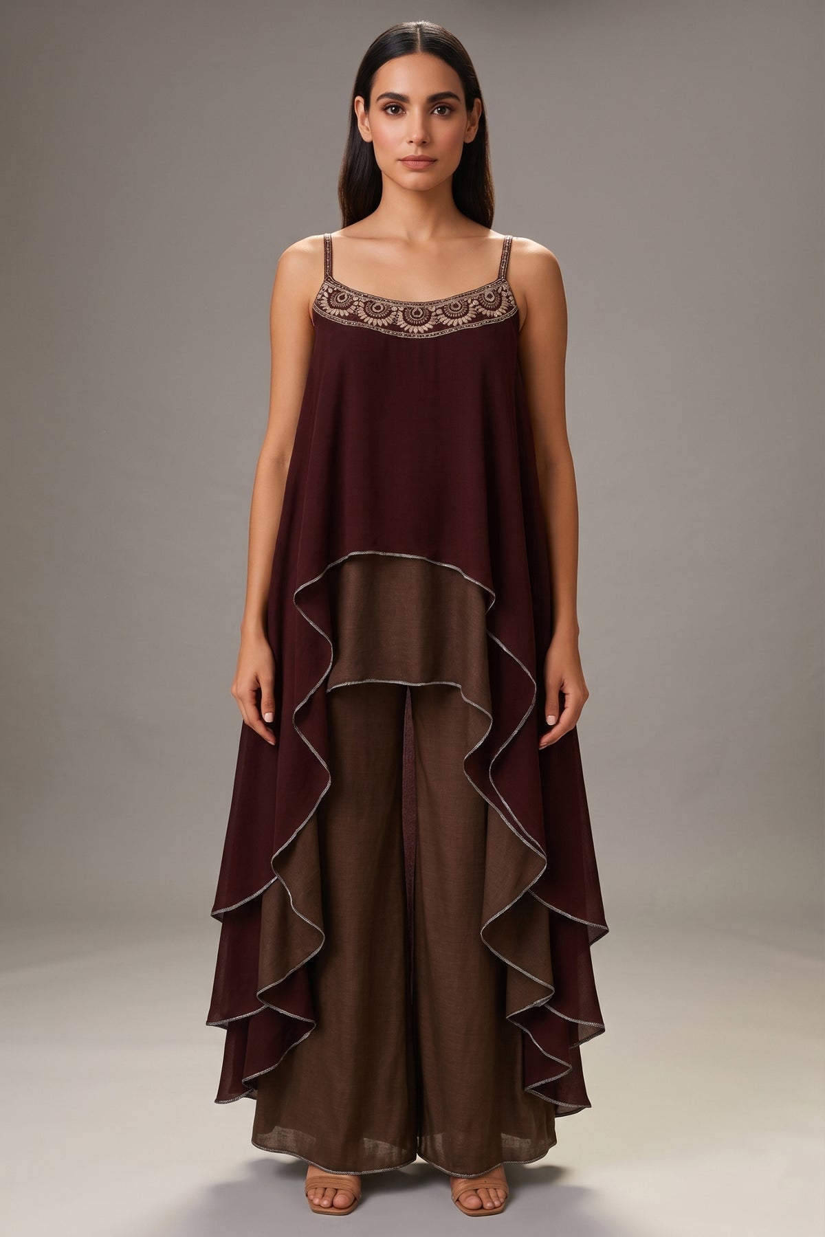 Maroon and Taupe Georgette Square Neck High and Low Layered Asymmetric Hem Detail Co-Ord Set